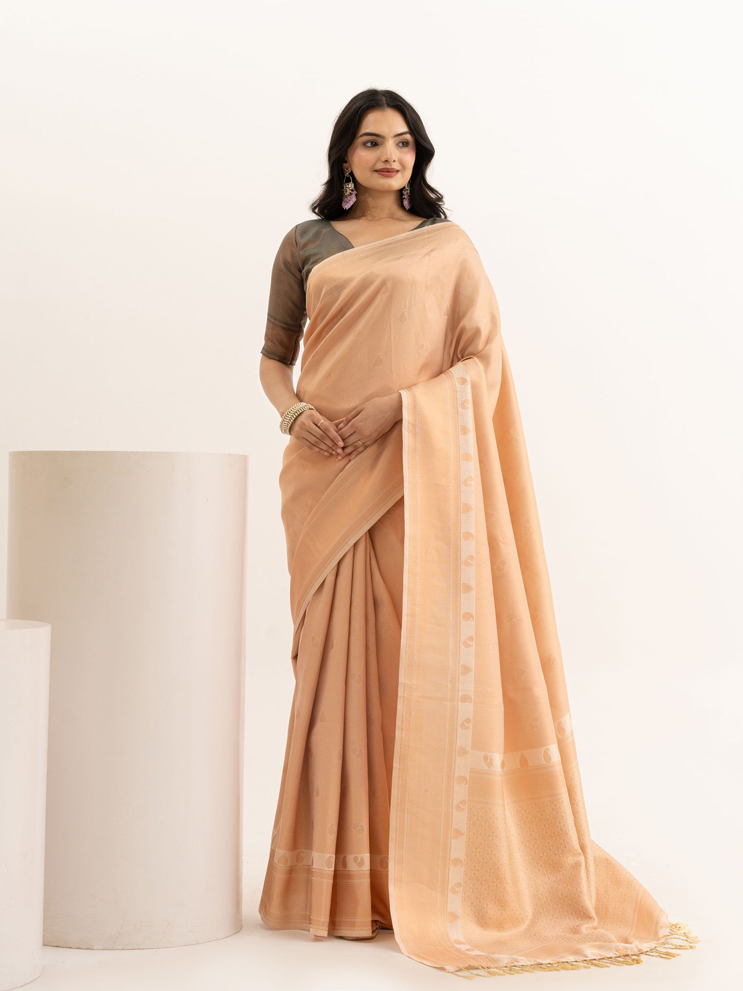 Peach Kanjivaram Silk Saree with woven Peacock Motifs