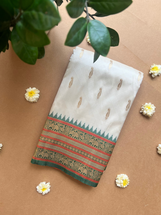 Cream And Green Zari Woven Silk Saree Durga Puja