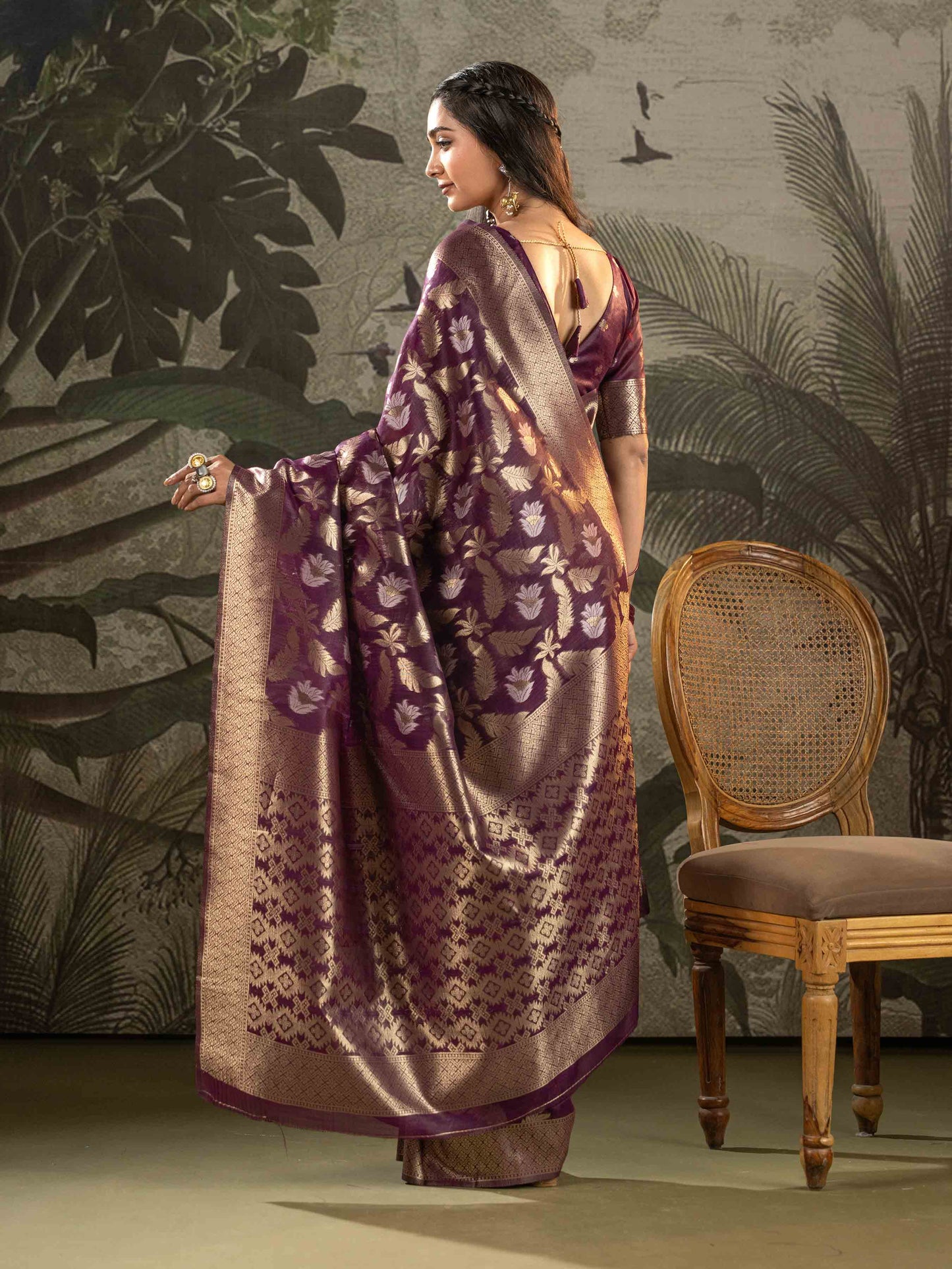 Royal Plum with Antique Gold Zari Woven Linen Saree