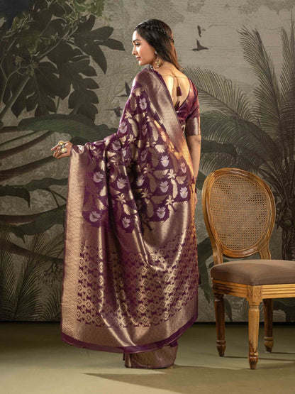 Royal Plum with Antique Gold Zari Woven Linen Saree