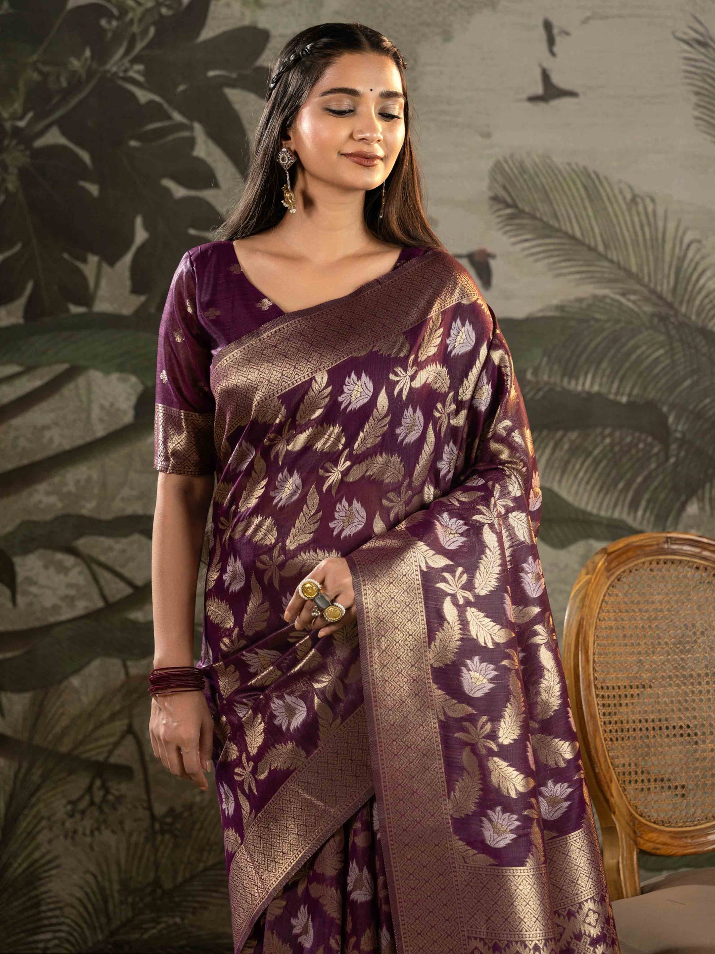 Royal Plum with Antique Gold Zari Woven Linen Saree