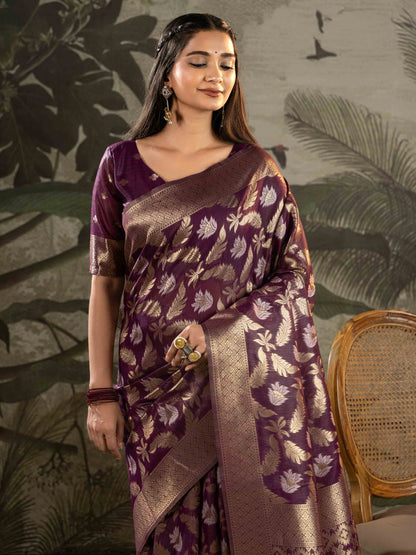 Royal Plum with Antique Gold Zari Woven Linen Saree