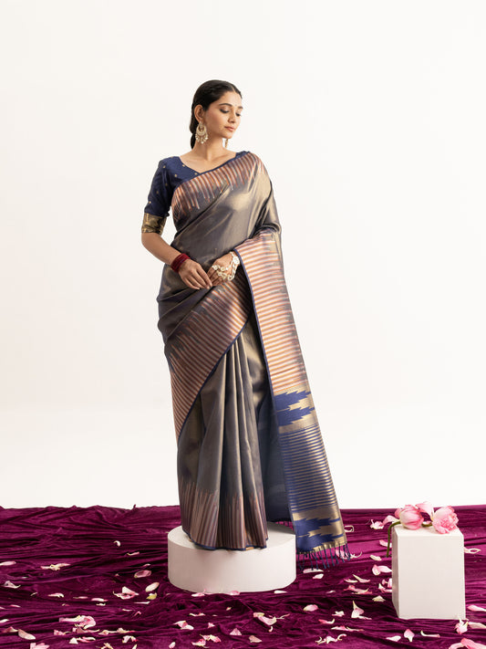 Navy Tissue Silk Saree with Striped Harmony