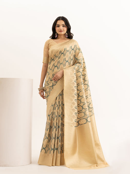 Beige Geometric Linen Woven Saree