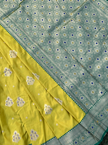 Lime Yellow Zari Woven Soft Silk Saree