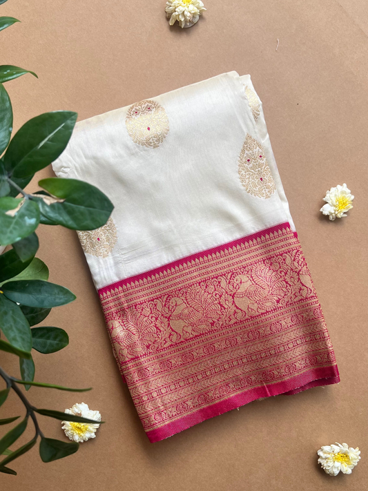 Cream Silk Woven Saree with Gold Buttas & Rich Rani Pink Zari Border
