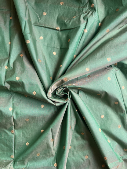 Cream And Green Zari Woven Silk Saree Durga Puja