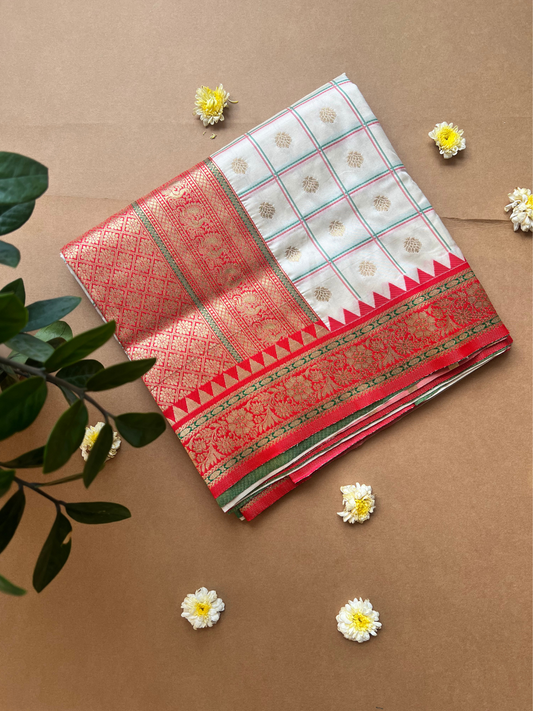 White Red Zari Woven Silk Saree Durga Puja