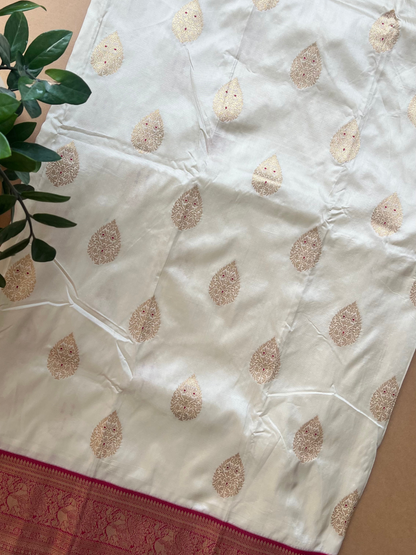 Cream Silk Woven Saree with Gold Buttas & Rich Rani Pink Zari Border