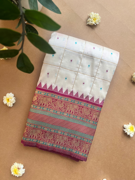 CreamChecked Woven Silk Saree with Magenta Zari Border