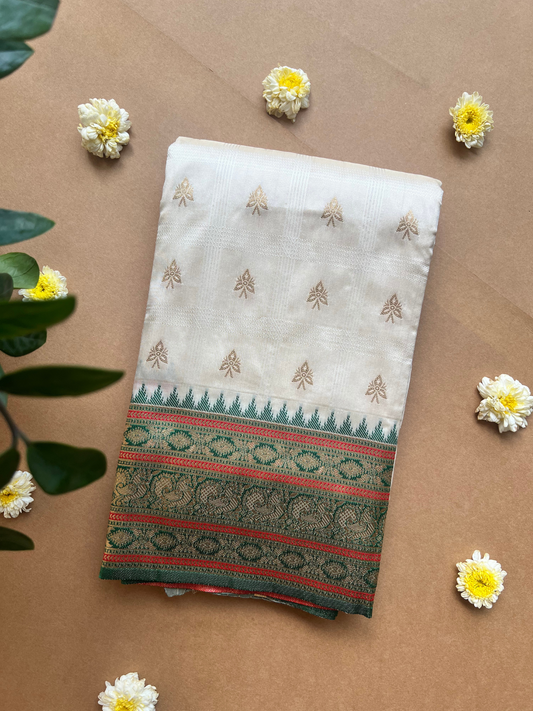 Ivory Silk Saree with Green Woven Border & Gold Zari Floral Motifs